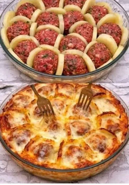 Cheesy Baked Meatball & Potato Casserole